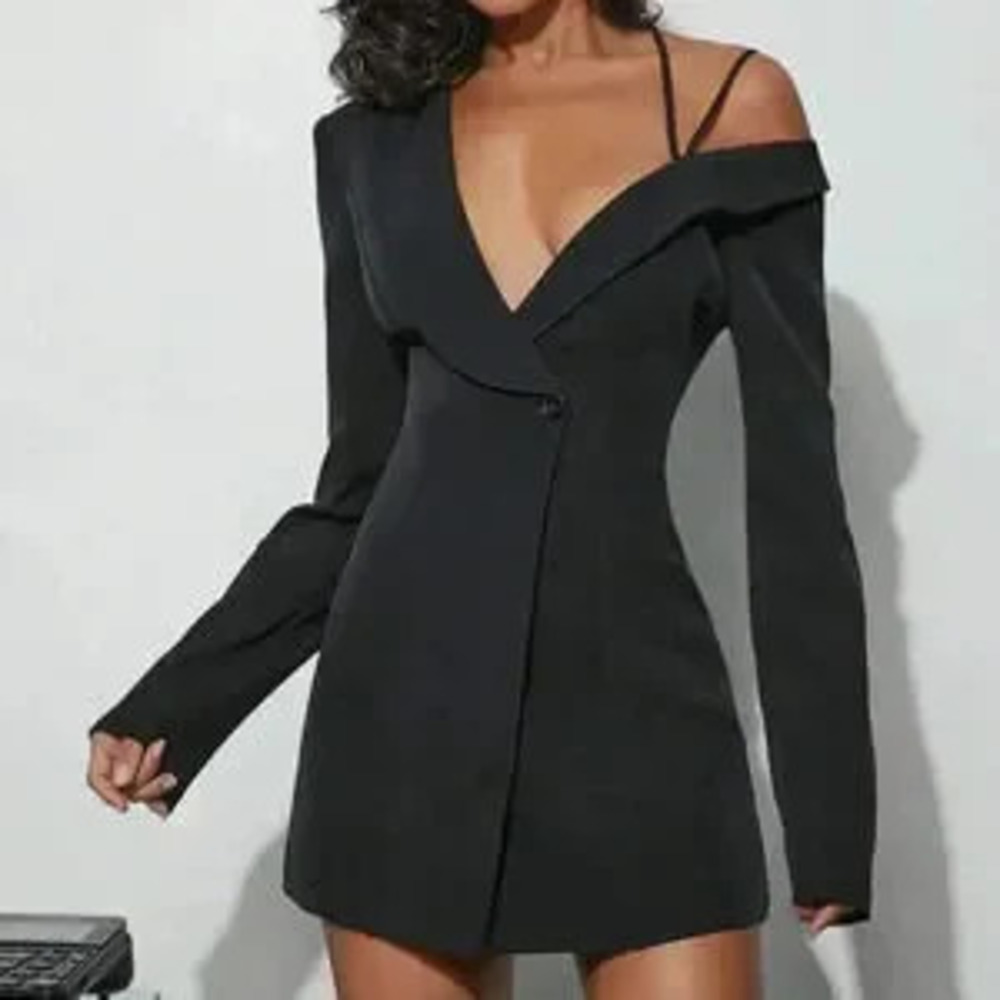 ZARA Black Elegant Women's Sexy Solid Asymmetrical Blazer Mini Dress